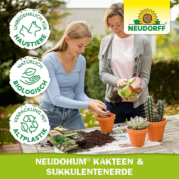 Neudorff NeudoHum Kakteenerde - 3 l, Torffrei - Zwei Frauen pflanzen Sukkulenten mit NEUDOHUM® Kakteen- und Sukkulentenerde in Töpfe.