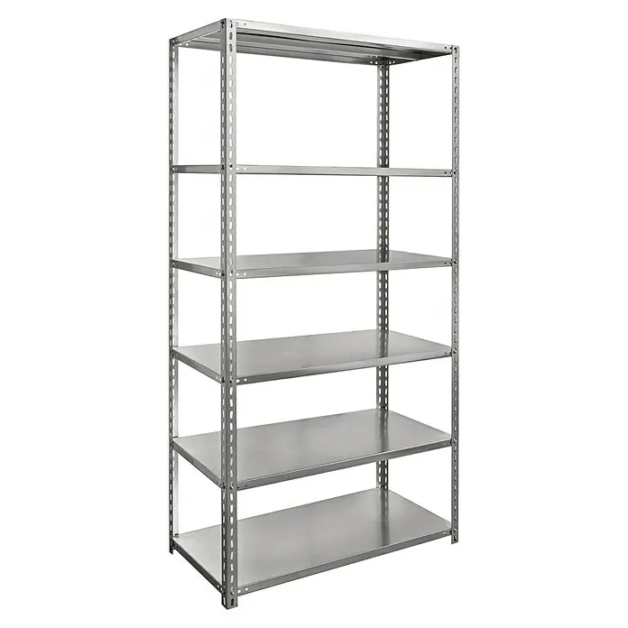 Regalux Winkelprofil - L x B x H: 4 x 4 x 250 cm, Verzinkt - Abbildung eines grauen Metallregals mit sechs Fächern. Das Regal ist stabil und bietet viel Stauraum. Ideal für Keller, Garage oder Lager.