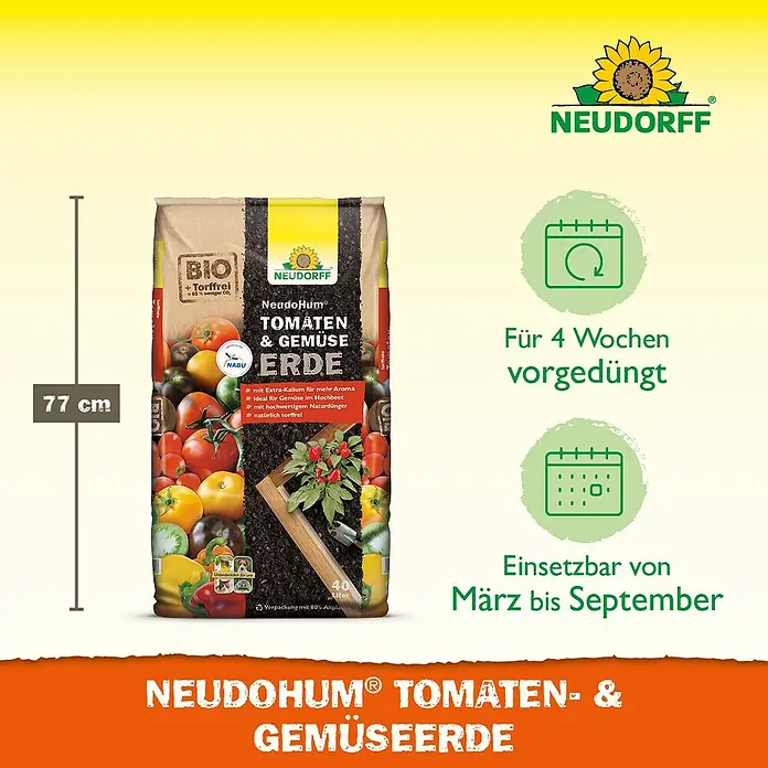 Neudorff NeudoHum Tomaten- & Gemüseerde - 40 l, Torffrei - Abbildung der Neudorff NeudoHum Tomaten- & Gemüseerde, torffrei, vorgedüngt für 4 Wochen, einsetzbar von März bis September.