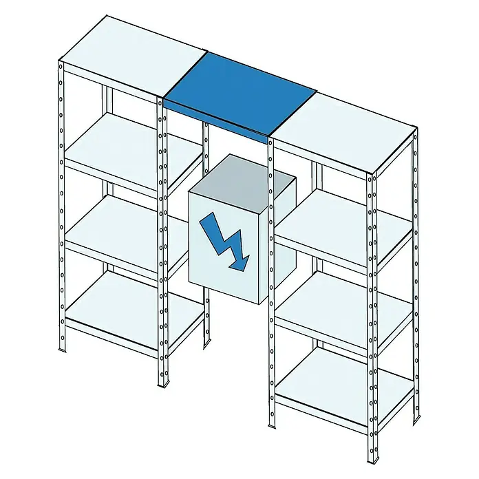 Regalux Winkelprofil - L x B x H: 4 x 4 x 250 cm, Verzinkt - Darstellung eines Regalsystems mit einem blauen Fach oben und einem Würfel mit einem Blitz darauf in der Mitte.