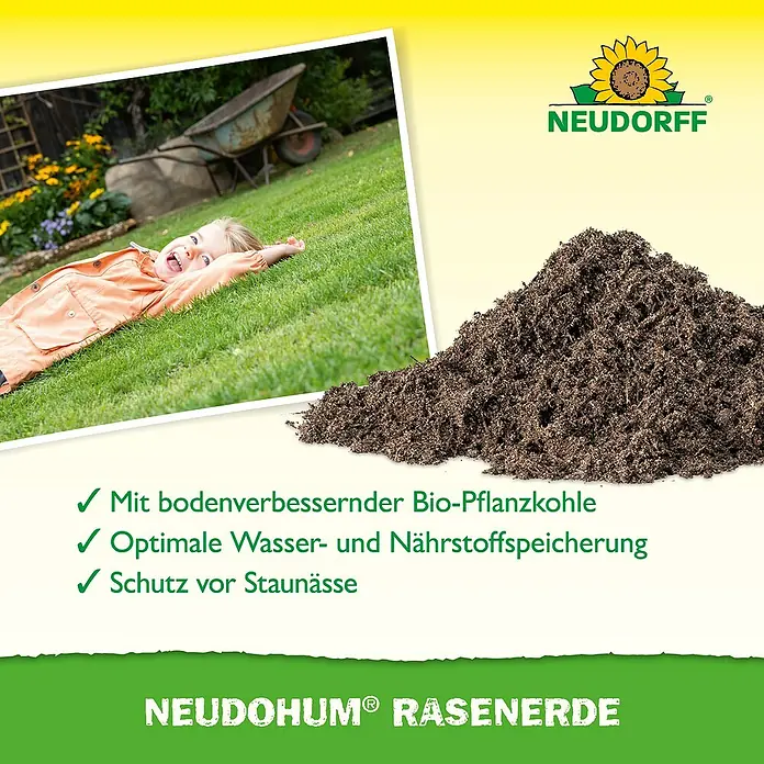 Neudorff NeudoHum Rasenerde - 40 l - Produktbild von Neudorff Neudohum Rasenerde, einer Bodenverbesserung für Rasenflächen mit Bio-Pflanzkohle, die für optimale Bedingungen sorgt.