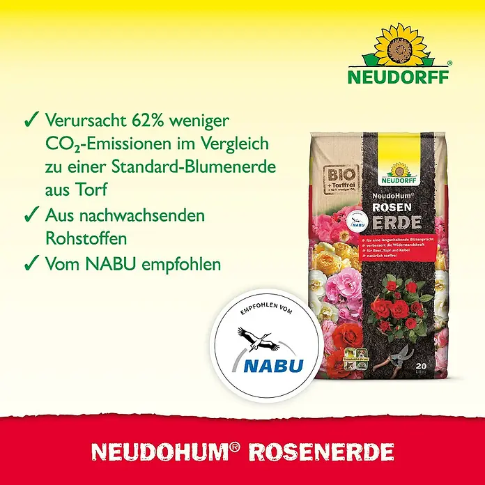 Neudorff NeudoHum Blumenerde - 20 l - Abbildung von NeudoHum Rosenerde, einer torffreien Blumenerde für Rosen, empfohlen vom NABU.