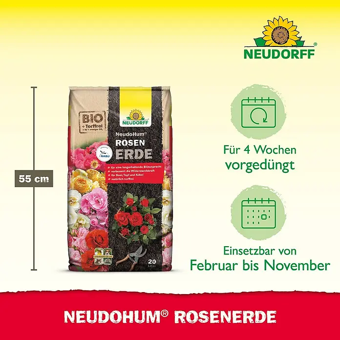 Neudorff NeudoHum Blumenerde - 20 l - Abbildung eines NeudoHum Rosenerde-Sacks, der mit Nährstoffen für 4 Wochen angereichert ist und von Februar bis November verwendet werden kann.