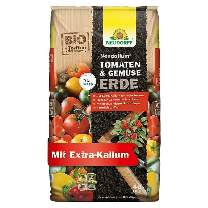 Neudorff NeudoHum Tomaten- & Gemüseerde - 40 l, Torffrei - Bild einer Packung NeudoHum Tomaten- & Gemüseerde mit der Aufschrift "Mit Extra-Kalium".