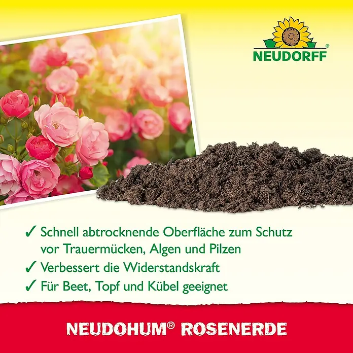 Neudorff NeudoHum Blumenerde - 20 l - Produktbild von Neudohum Rosenerde, die für Beet, Topf und Kübel geeignet ist. Schnell abtrocknende Oberfläche schützt vor Trauermücken.