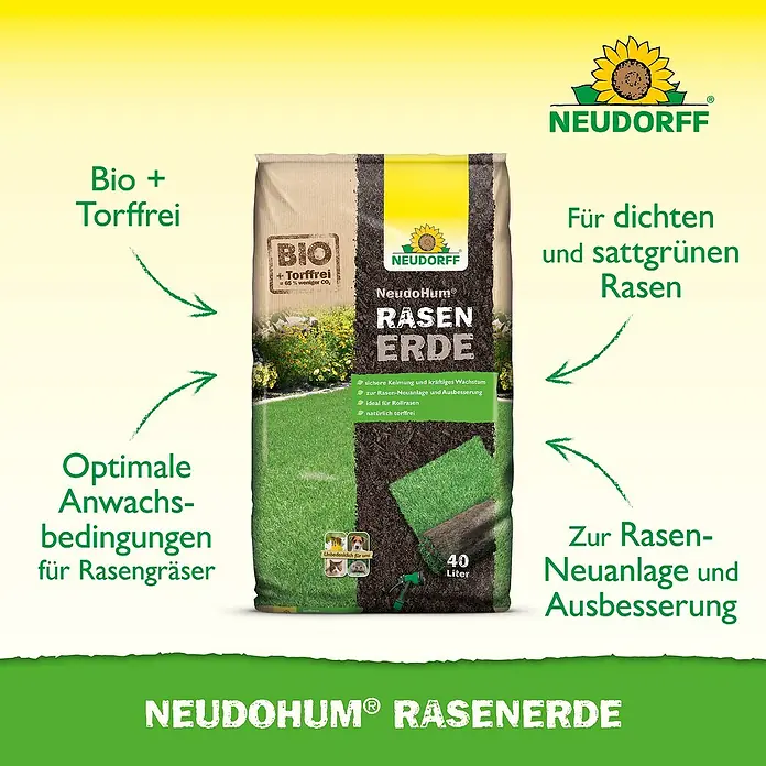 Neudorff NeudoHum Rasenerde - 40 l - Abbildung einer Packung NeudoHum Rasenerde, torffreie Bio-Rasenerde für dichten, sattgrünen Rasen und optimale Anwachsbedingungen.