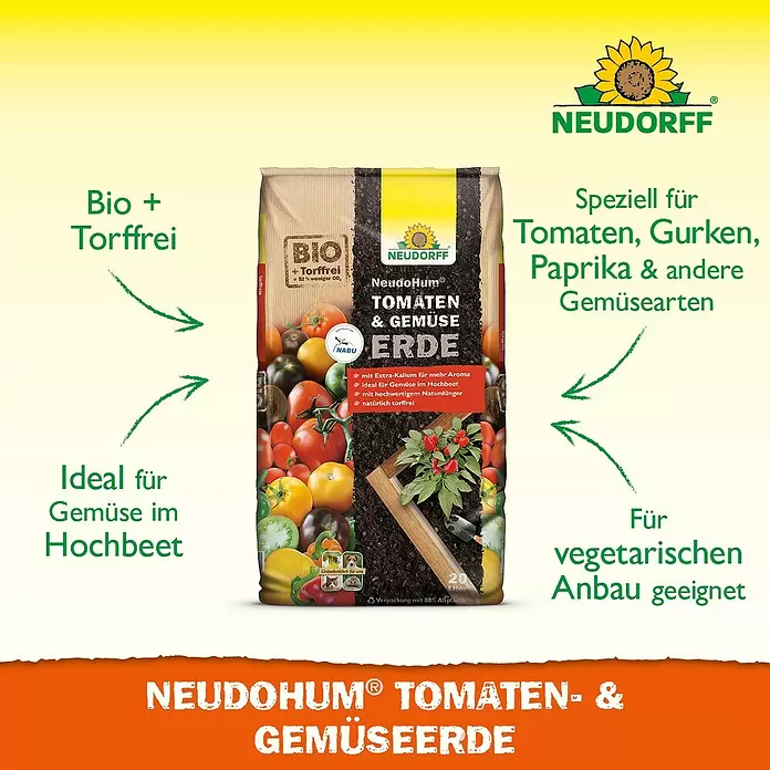 Neudorff NeudoHum Tomaten- & Gemüseerde - 20 l - Großer Sack Neudohum Bio- & torffreie Tomaten- & Gemüseerde mit Gemüseabbildungen und einer Pflanze.