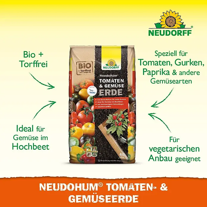 Neudorff NeudoHum Tomaten- & Gemüseerde - 40 l, Torffrei - Produktfoto: Neudorff NeudoHum Tomaten- und Gemüseerde, eine torffreie Bio-Erde speziell für Tomaten, Gurken und Paprika.