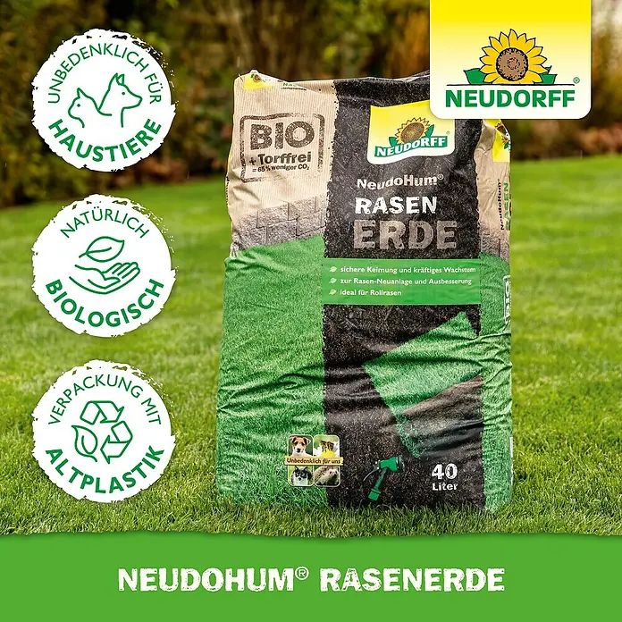 Neudorff NeudoHum Rasenerde - 40 l - Abbildung einer Packung NeudoHum Rasenerde, torffrei und biologisch für sicheres Keimen und kräftiges Wachstum.