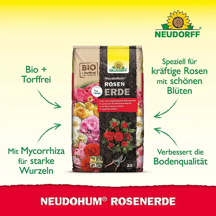 Neudorff NeudoHum Blumenerde - 20 l - Abbildung einer Packung NeudoHum Rosenerde, einer torffreien Bio-Rosenerde, die kräftige Rosen mit prächtigen Blüten und starke Wurzeln verspricht.