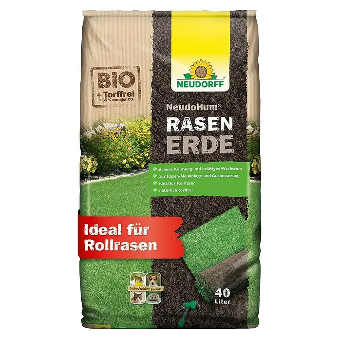 Neudorff NeudoHum Rasenerde - 40 l - Die NeudoHum Rasenerde für einen sicheren und kräftigen Wuchs des Rollrasens, torffrei und ideal für die Rasen-Neuanlage und Ausbesserung.