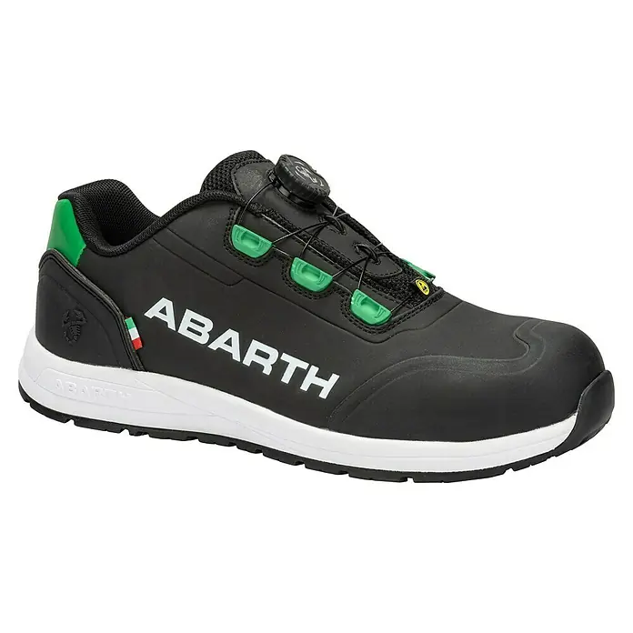 Abarth Zapato bajo de seguridad Scorpion - 42, Clase de protección según EN ISO 20345: S3, Negro/Verde - Zapatilla deportiva Abarth negra con detalles en verde y sistema de cordones para un ajuste seguro. Ideal para deporte y ocio.
