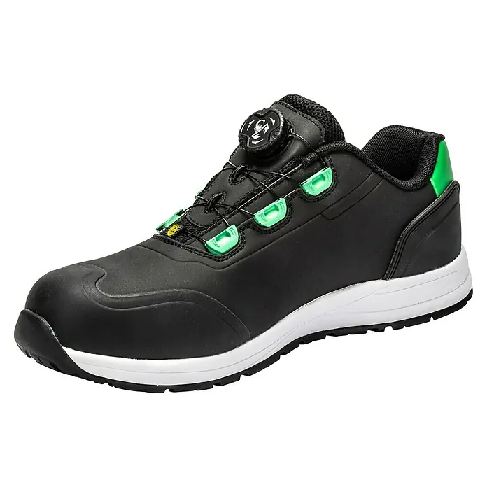Abarth Zapato bajo de seguridad Scorpion - 42, Clase de protección según EN ISO 20345: S3, Negro/Verde - Zapato de seguridad negro con detalles verdes, cierre de dial y suela blanca para comodidad y protección en el trabajo.