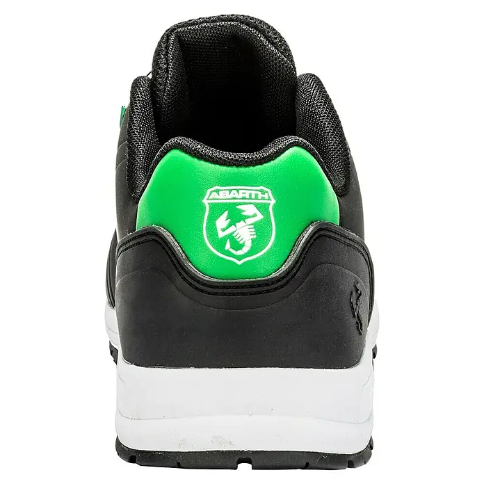 Abarth Zapato bajo de seguridad Scorpion - 42, Clase de protección según EN ISO 20345: S3, Negro/Verde - Vista posterior de una zapatilla deportiva con el logo de Abarth en verde, blanco y negro. Diseño deportivo para gente activa.
