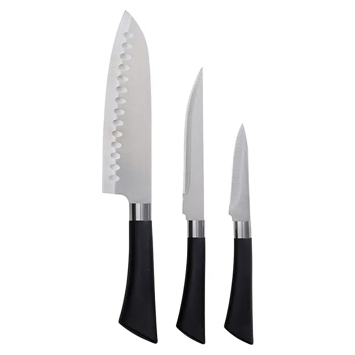 Set cuchillos de cocina - 3 pzs. - Esta imagen muestra un conjunto de tres cuchillos de cocina con mangos negros y hojas plateadas en diferentes tamaños y formas.