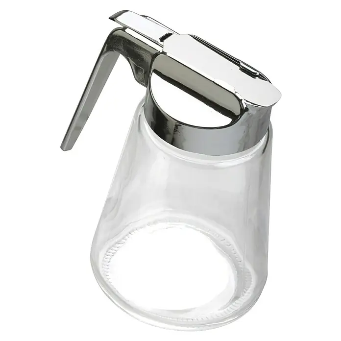 Frasco para miel - Vidrio - Primer plano de un dispensador de jarabe transparente con tapa y palanca cromadas, ideal para cocina y catering.
