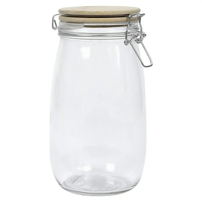 Frasco con cierre mecánico Bambú - 1,5 l, Vidrio, 1 pzs. - La foto muestra un tarro de cristal vacío con tapa de madera y cierre de alambre. El tarro de cristal es claro y de forma alargada.
