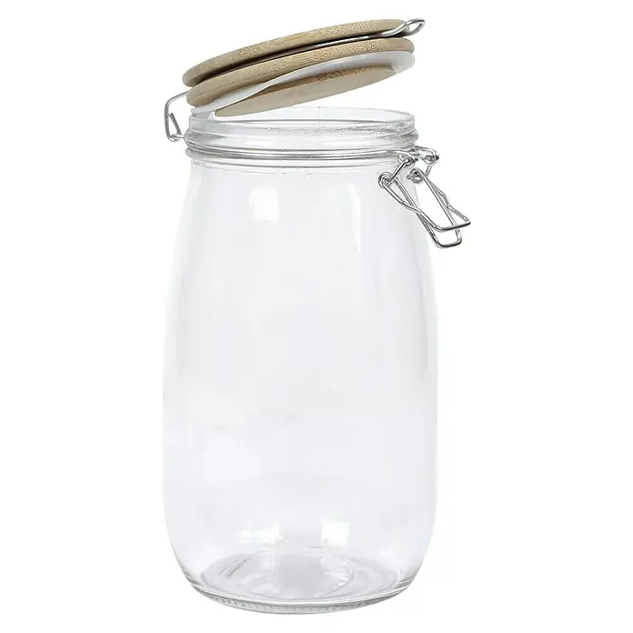 Frasco con cierre mecánico Bambú - 1,5 l, Vidrio, 1 pzs. - Tarro de vidrio vacío con tapa de clip y tapa de bambú. Perfecto para guardar alimentos y decoración. La forma ideal de guardar provisiones con estilo.