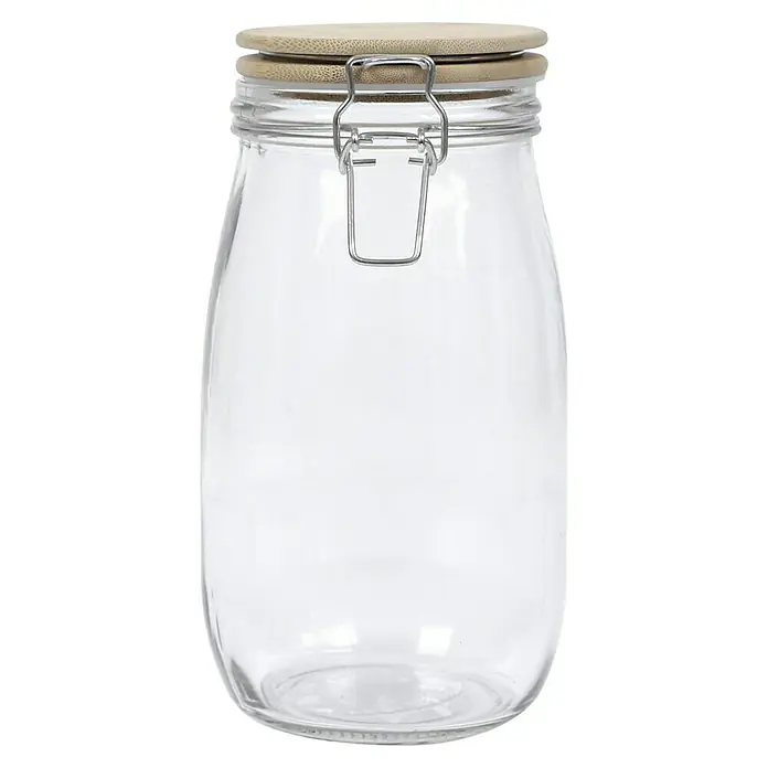 Frasco con cierre mecánico Bambú - 1,5 l, Vidrio, 1 pzs. - Tarro de vidrio hermético con tapa de bambú y cierre metálico, ideal para almacenar alimentos y decorar la cocina con estilo.