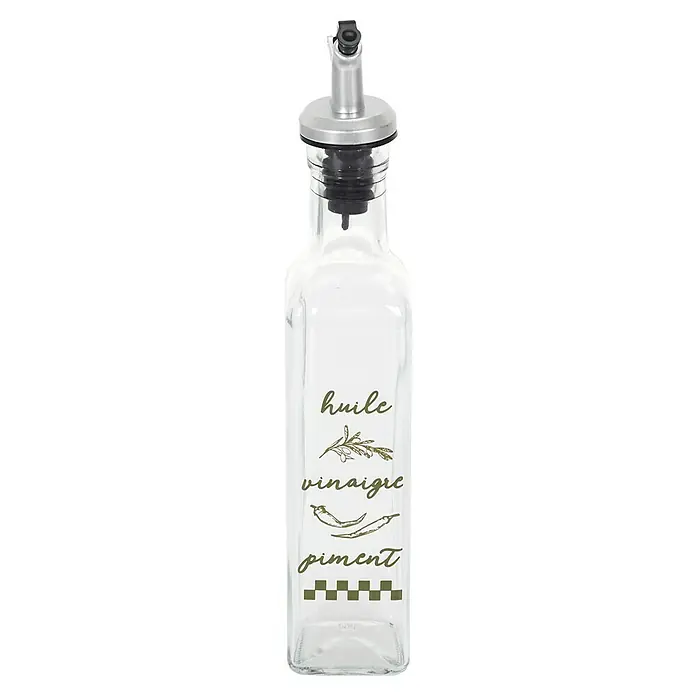 Aceitera y vinagrera - 250 ml, Vidrio, 1 pzs. - Dispensador de aceite y vinagre de vidrio transparente, con un vertedor de acero inoxidable, adornado con ramas de olivo y el texto "huile vinaigre piment".