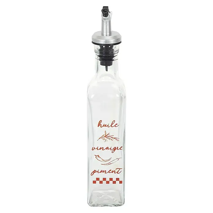 Aceitera y vinagrera - 250 ml, Vidrio, 1 pzs. - Botella de vidrio con boquilla vertedora, etiquetada "huile, vinaigre, piment" con un patrón de cuadros rojo para aceite, vinagre y especias.
