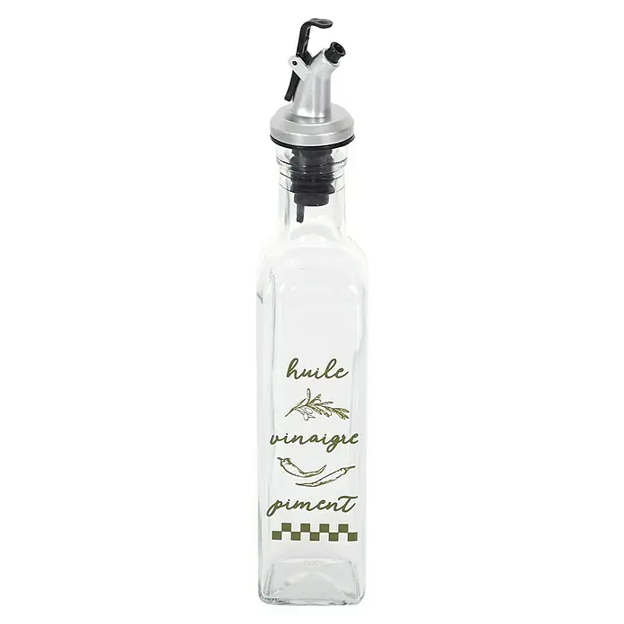 Aceitera y vinagrera - 250 ml, Vidrio, 1 pzs. - Elegante botella de vidrio con vertedor para aceite, vinagre y chile, adornada con letras y diseños. Ideal para la cocina.