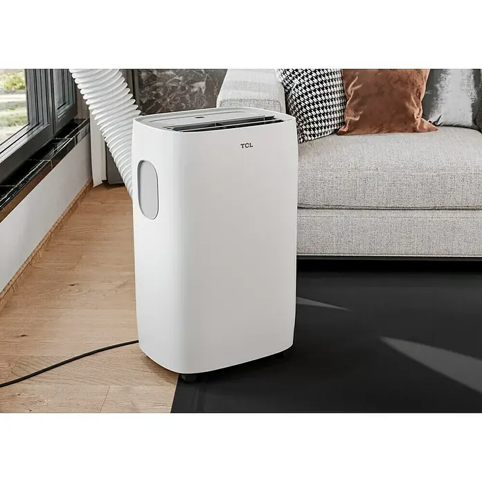TCL Mobiles Klimagerät TAC-12CPA/KA - 3,2 kW, Raumgröße: 35 m², Weiß - Tragbare, weiße TCL-Klimaanlage mit Abluftschlauch und Stromkabel, ideal für flexible Kühlung in jedem Raum.