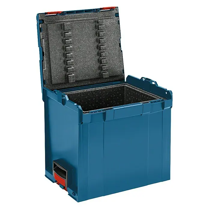 Bosch Professional Maleta de transporte L-Boxx - L x An x Al: 357 x 442 x 389 mm, ABS - Caja de herramientas azul abierta con inserto de espuma negra. La caja es robusta y ofrece mucho espacio para herramientas y accesorios.