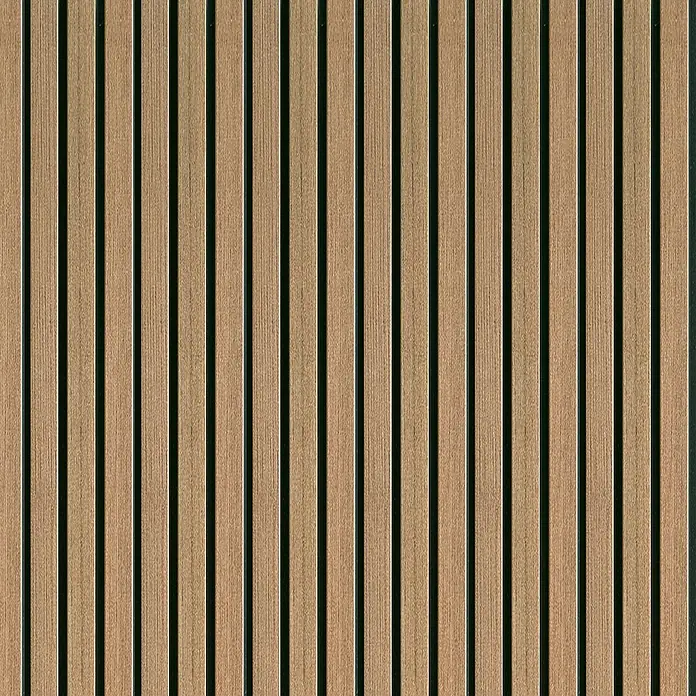 FN Neuhofer Wandpaneel Wally WA030 - Eiche Lamello, 2.670 x 118 x 12 mm - Bild einer Wandverkleidung aus Holzlatten mit dunklen Zwischenräumen, die eine moderne und natürliche Optik erzeugen.