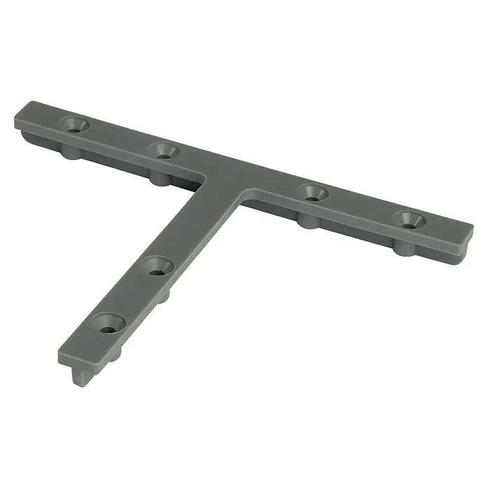 Kovalex Verbinder - 4 Stk., Grau - Graues T-förmiges Möbelverbindungsstück aus Kunststoff mit Löchern zur Schraubenbefestigung für stabilen Halt und einfache Montage.