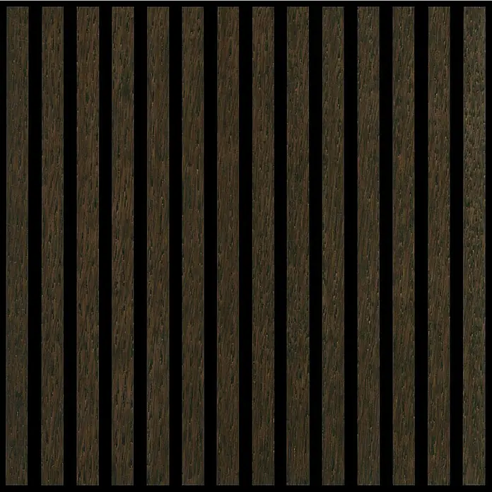 FN Neuhofer Akustikpaneel Acustico - Eiche geräuchert, L x B x S: 560 x 560 x 19 mm - Das Bild zeigt eine Wandverkleidung mit dunklen Holzlatten und schwarzen Zwischenräumen, die eine moderne und stilvolle Optik erzeugen.