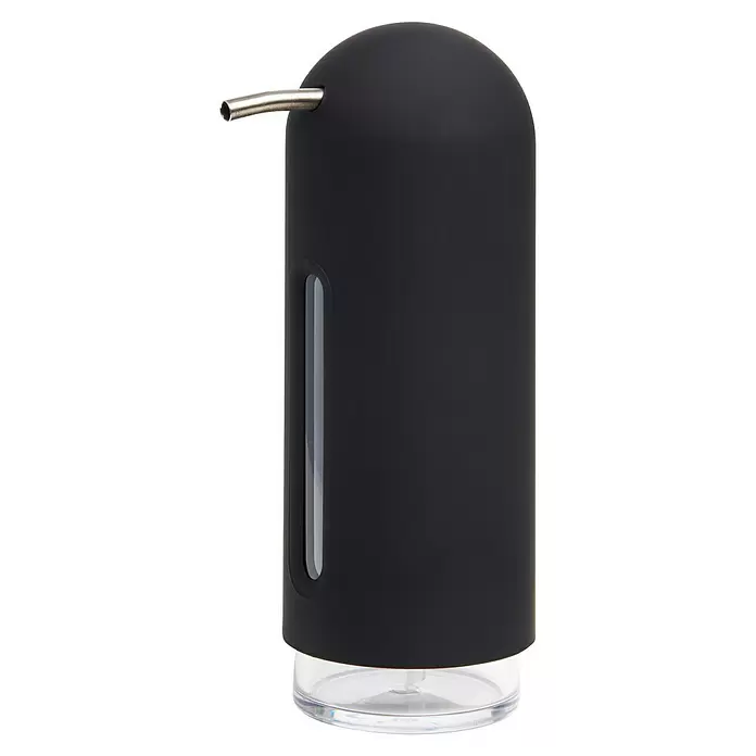 Umbra Seifenspender Penguin - Kunststoff, Schwarz - Schwarzer Seifenspender mit silbernem Ausgießer und transparentem Boden, mit Füllstandsanzeige.