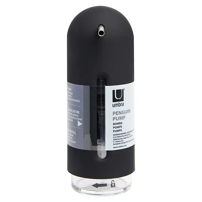 Umbra Seifenspender Penguin - Kunststoff, Schwarz - Schlanker schwarzer Seifenspender mit transparentem Boden, Sichtfenster und Metallauslauf. Mit 'Umbra Penguin Pump' Branding.