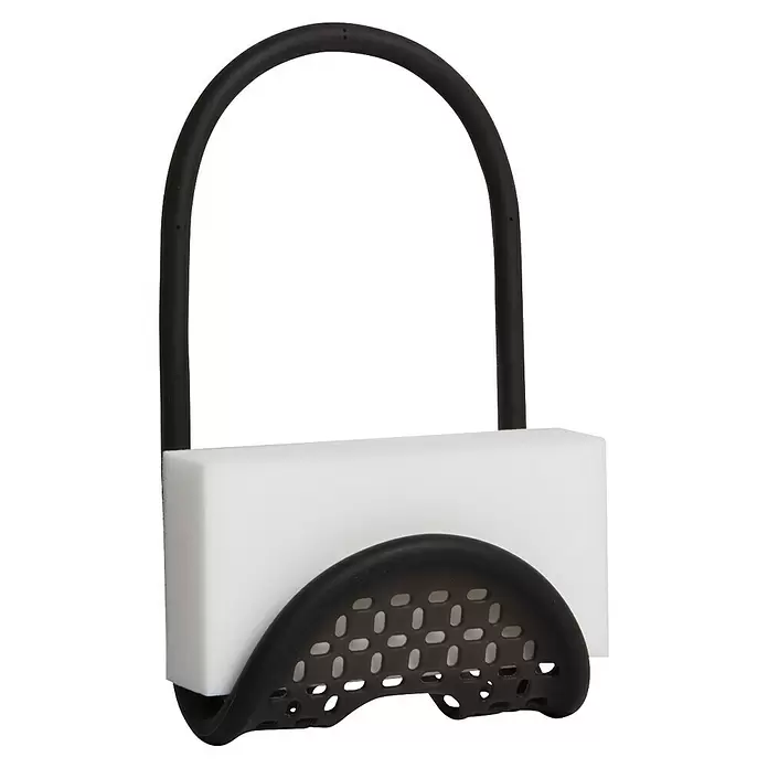 Umbra Spülbecken-Organizer Sling - 26 cm x 11 mm x 1 cm, Schwarz - Schwarzer Hänge-Spülbeckenschwammhalter mit weißem Schwamm.