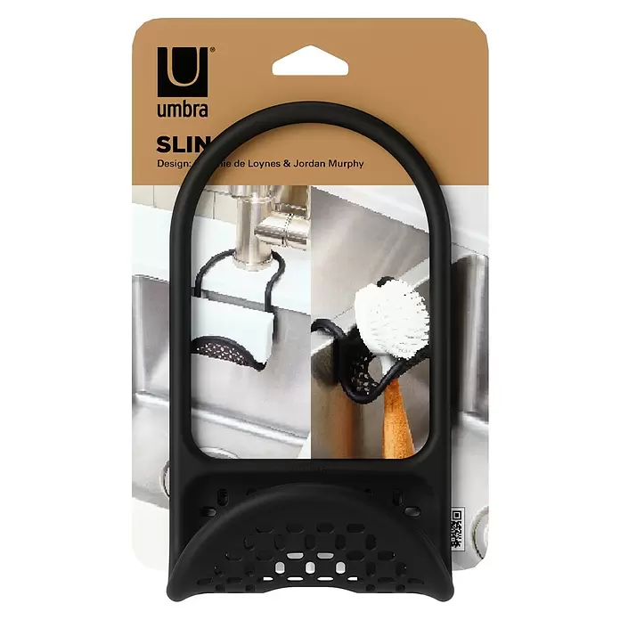 Umbra Spülbecken-Organizer Sling - 26 cm x 11 mm x 1 cm, Schwarz - Schwarzer Silikon-Spülbecken-Organizer mit Abflusslöchern für Schwämme und Bürsten, in Verpackung.