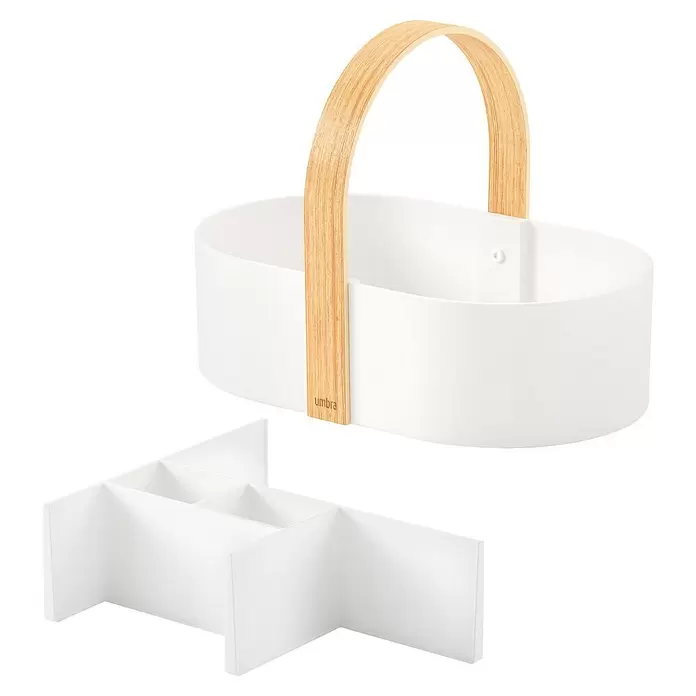 Umbra Aufbewahrungsbox Bellwood - L x B x H: 30 x 20 x 23 cm, Kunststoff, Weiß-Natur - Weißer ovaler Aufbewahrungskorb mit hellem Holzgriff und separatem weißen Organizer-Einsatz mit Fächern.