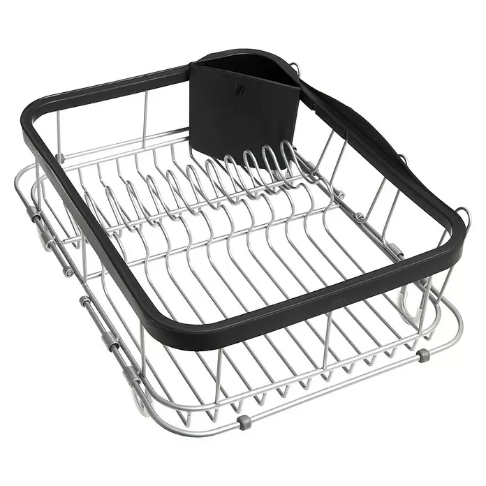 Umbra Abtropfgestell Sinkin - L x B x H: 36 x 29 x 14 cm, Edelstahl, Schwarz/Nickel - Silbernes Metall-Geschirrtrockengestell mit schwarzem Kunststoffrand und Besteckhalter.