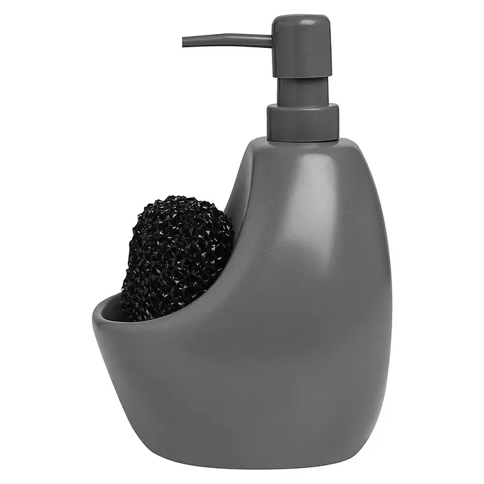 Umbra Seifenspender Joey - Kunststoff, Anthrazit, 590 ml - Grauer Seifenspender mit schwarzem Schwamm in integriertem Halter.