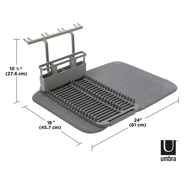 Umbra Abtropfmatte Udry - L x B x H: 61 x 46 x 27 mm, Kunststoff, Grau - Graues Abtropfgestell mit Besteckhalter und Mikrofaser-Matte, 45,7 x 61 cm.