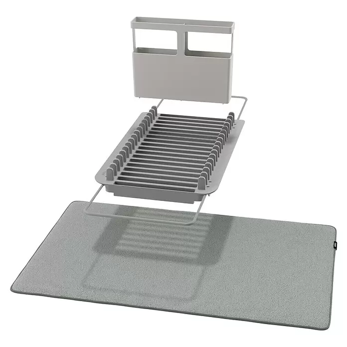 Umbra Abtropfmatte Udry - L x B x H: 51 x 57 x 17 mm, Kunststoff, Grau - Modulares Geschirrabtropfgestell in Grau mit Besteckhalter und Mikrofasermatte.