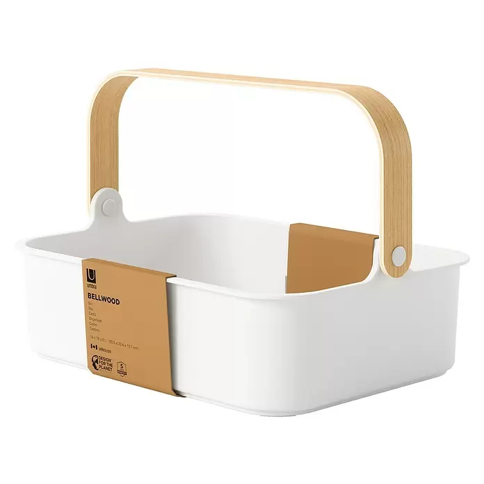 Umbra Aufbewahrungsbox Bellwood - L x B x H: 35 x 13 x 26 cm, Kunststoff, Weiß/Natur - Weißer Aufbewahrungskorb mit einem geschwungenen Griff aus hellem Holz.