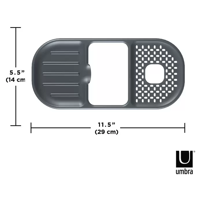 Umbra Spülbecken-Organizer Sling - 29 x 1 x 14 mm, Grau - Dunkelgraues, rechteckiges Ablagetablett mit abgerundeten Ecken, verschiedenen Fächern und Drainagemustern. Maße: 5.5 x 11.5 Zoll (14 x 29 cm).