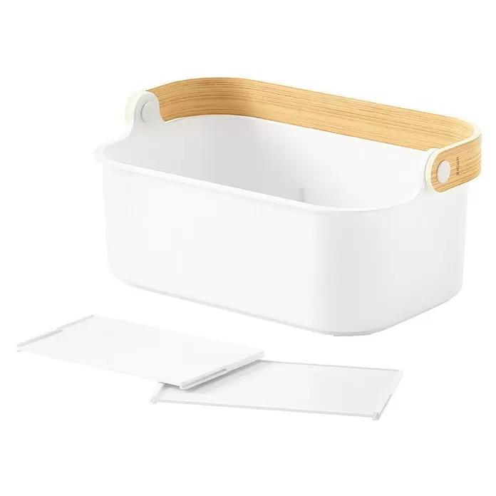 Umbra Aufbewahrungsbox Bellwood - L x B x H: 27 x 12 x 17 cm, Kunststoff, Weiß/Natur - Weißer Aufbewahrungsbehälter mit Holzgriff und zwei weißen Trennwänden.
