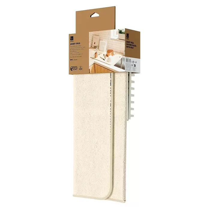 Umbra Abtropfmatte Udry Peg - L x B x H: 47 x 17 x 9 cm, Kunststoff, Beige - Braun verpacktes Umbra Udry Peg Abtropfgestell mit cremefarbener Matte. Eine Nahaufnahme zeigt Textur und Stifte der Matte.
