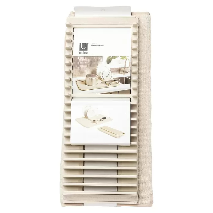 Umbra Abtropfmatte Udry - L x B x H: 61 x 46 x 4 mm, Kunststoff, Beige - Cremefarbenes, flexibles Abtropfgestell mit geriffeltem Kunststoffrahmen und passender Matte, in der Verpackung.