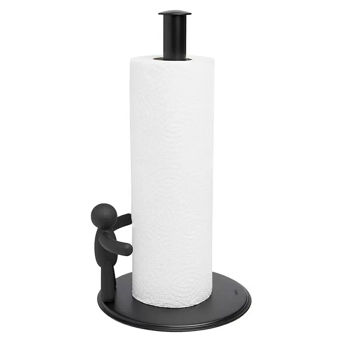 Umbra Küchenrollenhalterung Buddy - L x B x H: 19 x 18 x 34 cm, Schwarz - Schwarzer Küchenrollenhalter mit weißer Küchenrolle und schwarzer Figur, die die Rolle festhält.