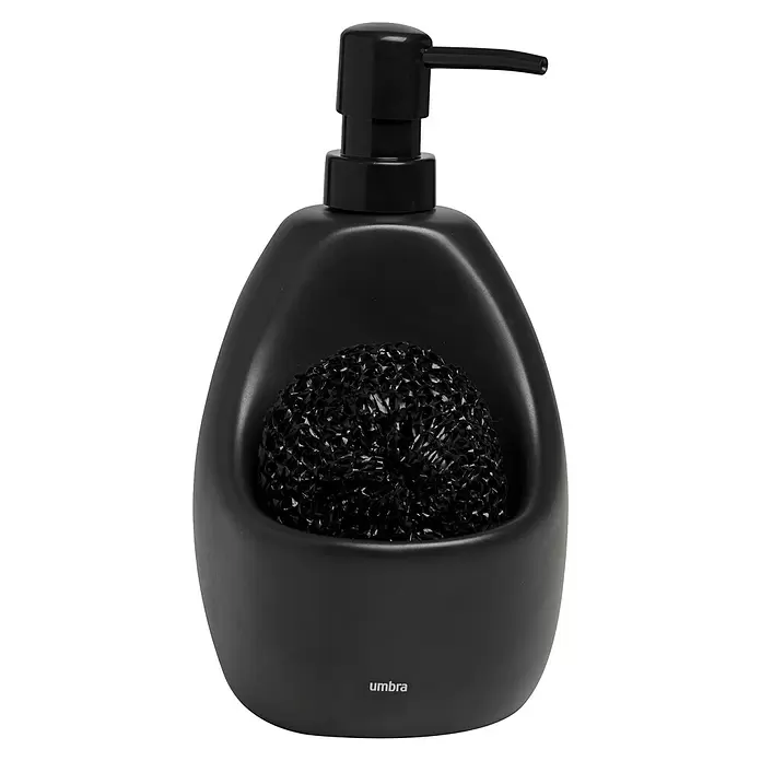 Umbra Seifenspender Joey - Kunststoff, Schwarz, 590 ml - Schwarzer Seifenspender mit integriertem Halter für einen passenden schwarzen Spülschwamm.