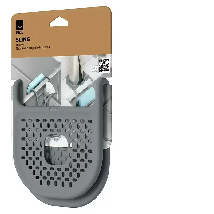 Umbra Spülbecken-Organizer Sling - 29 x 1 x 14 mm, Grau - Grauer Umbra Sling flexibler Spülbecken-Organizer in Verpackung, zur Aufbewahrung von Schwämmen und Bürsten am Wasserhahn.