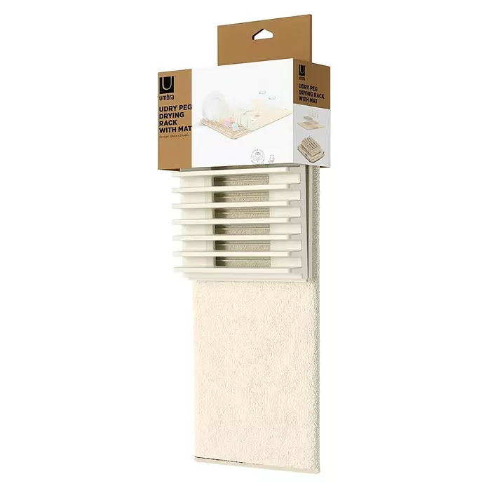 Umbra Abtropfmatte Udry Peg - L x B x H: 47 x 17 x 9 cm, Kunststoff, Beige - Umbra Udry Peg Abtropfgestell mit Matte in brauner Verpackung, zeigt beiges Gestell mit weißen Stiften.