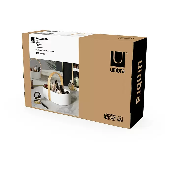 Umbra Aufbewahrungsbox Bellwood - L x B x H: 30 x 20 x 23 cm, Kunststoff, Weiß-Natur - Brauner Karton für einen Umbra Bellwood Caddy, mit Abbildung des weißen Caddies mit Holzgriff.